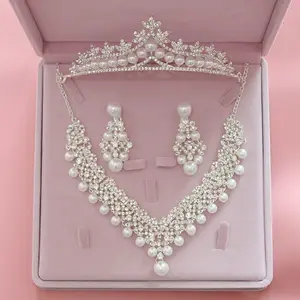 Conjunto de joyería de circonia cúbica AAA para boda, conjunto de 3 piezas de joyería, collar, corona, perla, Circonia cúbica, Boda nupcial