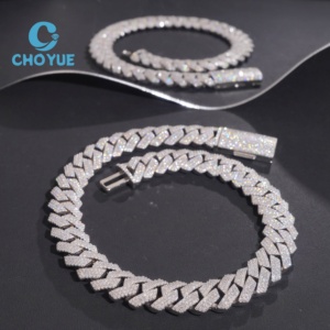ลดราคาพิเศษ สร้อยคอเงินแท้ S925 ขนาด 15 มม. 3 แถว แบบ Cuban Link ประดับเพชรโมอิสซาไนต์ สไตล์ฮิปฮอป เครื่องประดับคุณภาพสูง สร้อยคอผู้ชาย ผ่านการทดสอบเพชร GRA - Product Image 1