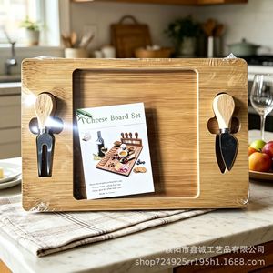 <b>Cheese</b> Board <b>Set</b> Bamboo Cutting Tray With <b>Knives</b> For Serving <b>Cheese</b> And Fruit Kitchen Use 29x33cm - Product Image 1