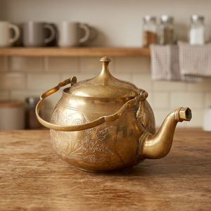 Bouilloire à thé vintage en laiton avec couvercle et poignée, gravure florale décorative, pot à eau, bouilloire en métal - Product Image 4