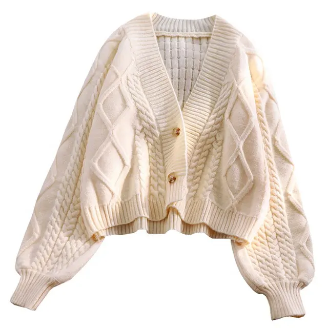 Cardigã de malha com manga lanterna para mulheres, blusa casual plus size de cor sólida, casaco de outono inverno 2024