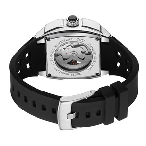 Fournisseur de montres pas chères en Chine, montres mécaniques noires avec design ajouré, mouvement automatique, montres mécaniques avec bracelet argenté - Product Image 6