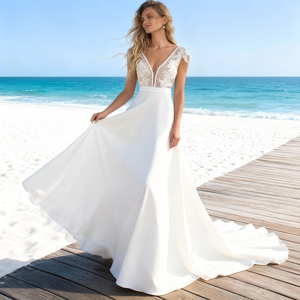 Robe de mariée en satin grande taille |   Robe de mariée cathédrale avec décolleté en V profond, sans manches et dentelle de luxe - Product Image 1