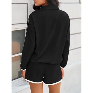Ensemble de survêtement 2 pièces pour femmes, haut à manches longues à col en V zippé, short décontracté respirant, tenue de printemps - Product Image 4