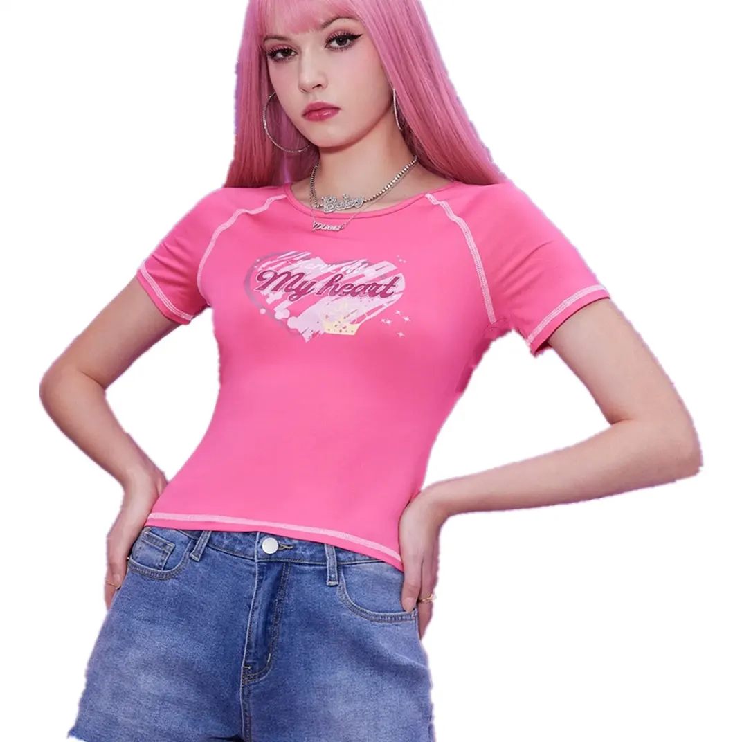 New Letter Printed Tee Y2K Streetwear O-neck Short Sleeve Stitching Trim Pink Top Summer Sexy Cute women T-shirt 2022