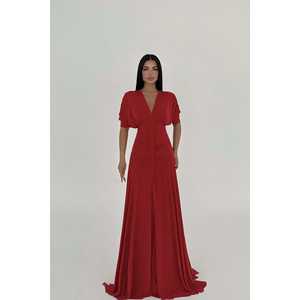 Robe longue rouge Elijah boutonnée à taille empire et coupe trapèze pour femme, col montant, style simple, pour mariages et banquets, taille XS, longueur ras du sol - Product Image 3