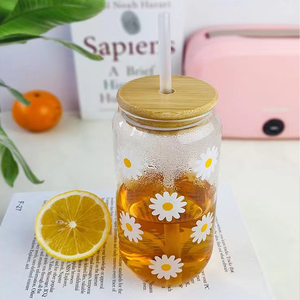 Aanpassen Logo 480Ml/16Oz Schattige Bloem Glazen Bekers Kan Vormen Koffie Bier Sap Glazen Met Bamboe Deksel En Stro Voor Thuis Kantoor - Product Image 4