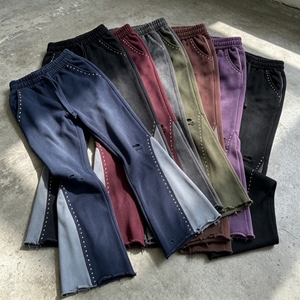 Pantalon de jogging évasé pour homme en coton 100% de haute qualité, personnalisé, avec ourlet brut, effet délavé soleil, patchwork et strass - Product Image 1