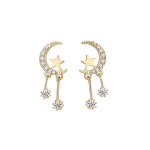 Boucles d'oreilles pendantes étoile et lune E1470 en or, serties de cristaux et strass, bijoux de mode pour femme, style cadeau romantique - Product Image 1