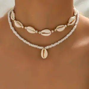 Ready To Ship Summer Beach Glass Seed Bead Shell Pendant Double Layer Chocker Chokers Necklace For Fashion Jewelry Women
