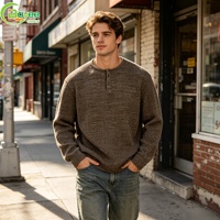 T-shirt Henley Homme Personnalisé 2026 en Maille Gaufrée Mélangée à Manches Longues, en Coton Doux Très Extensible, Style Old Money Ample