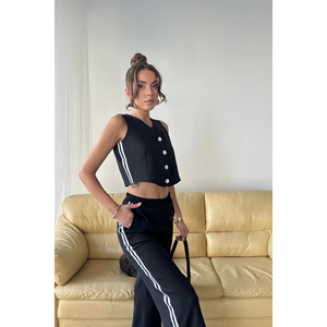 Ensemble pantalon et gilet court noir avec rayures latérales et détail ourlet fendu pour femme S - Product Image 2