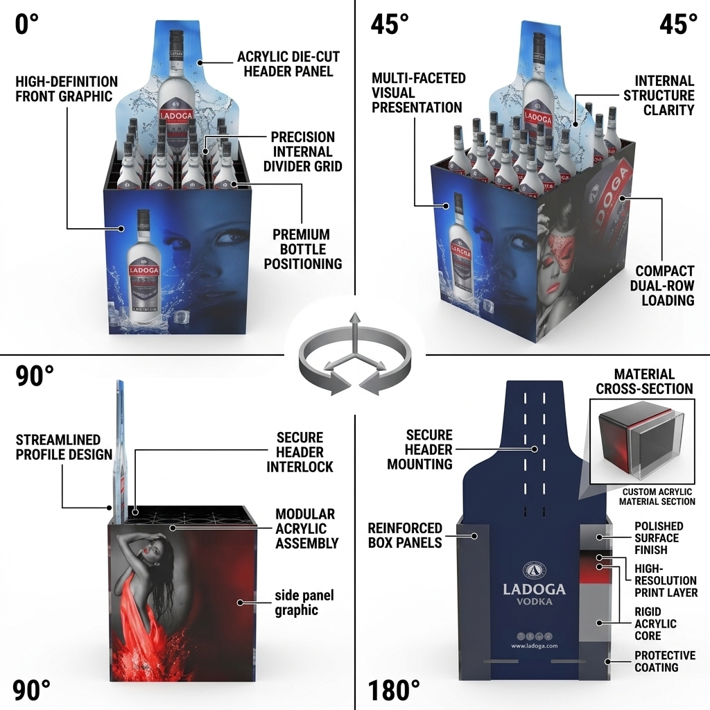 Premium Acrylic Spirits Display Gin Tequila Vodka Whiskey Bottle Glorifier Rack Countertop POS Merchandiser Retail FSDU Logo — view 3