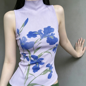 เสื้อแขนกุดพิมพ์ลายดอกไม้คอสูงสไตล์สาวหวานสำหรับผู้หญิง – เสื้อสายเดี่ยวสีพื้นทรงเข้ารูปสำหรับใส่ลำลอง - Product Image 3