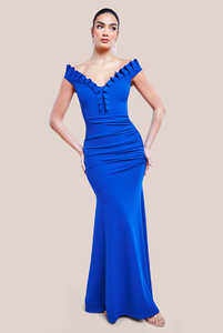 2024服制造カスタムファッション卸売オフショルダーフリルを集めたロングマキシイブニングドレス女性用 - Product Image 3