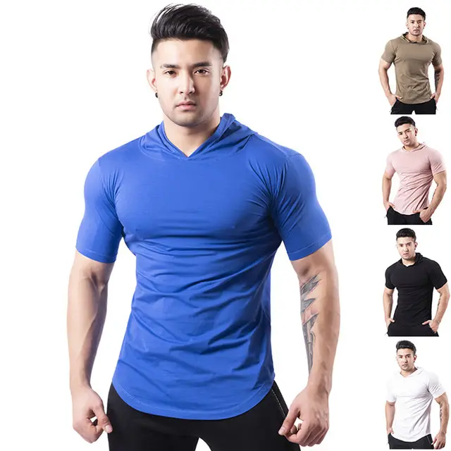 Sidiou Group Outdoor Basketball T shirt Sport Running Fitness For Men T Shirt With Hooded Solid Color Short Sleeve Apparel