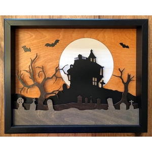 <strong>Halloween</strong> Double Layers Wooden Ornaments Bat House Black Tree Home Decoration Laser Cut Wood Shadow Wall Art - Product Image 3