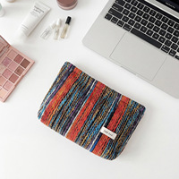 Dompet Clutch Kanvas Bergaris Warna-Warni dengan Ritsleting; Tas Makeup Rajut Vintage Bohemian, Kantong Organizer Perawatan Kulit