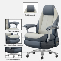 Chaise de bureau ergonomique contemporaine de direction, dossier haut, cuir patchwork bleu et blanc, pivotante à 360°, accoudoirs larges fixes, pour hôtel
