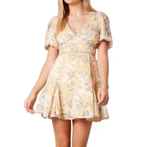 New 2024 Yellow Floral Fit And Flare V-Neck Puff Sleeve Women Summer Casual Dresses