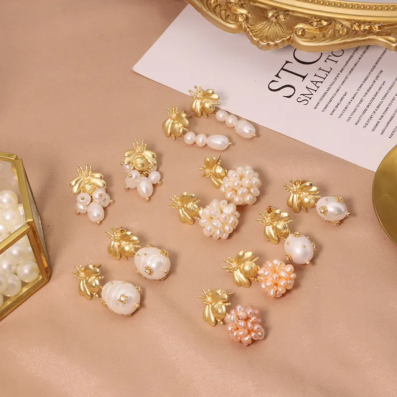 Hotsale Cheap Instagram Bee Earrings 18k Gold Plated Pearl Drop Earrings For Women Lovely Fine Jewelry Wholesale