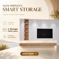 Meuble TV mural moderne sur mesure, directement d'usine, avec armoires blanches, éclairage LED flottant, base en bois et tiroirs pour salon minimaliste