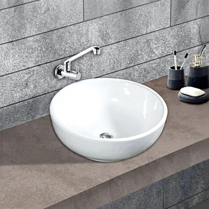Lavabo rond en céramique blanc à poser sur comptoir, 400x400mm, design minimaliste en travertin poli, capacité 12L, certifié NSF - Product Image 1