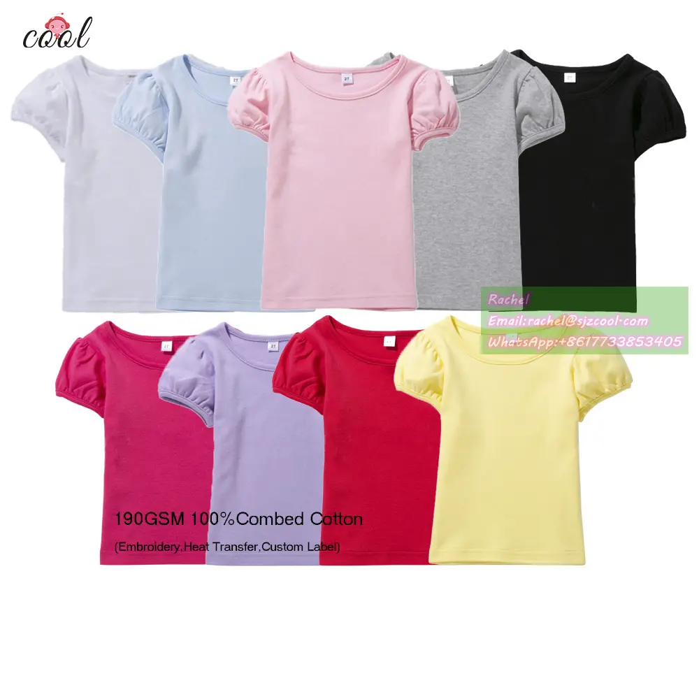 1-14year Wholesale Custom girls plain puffy sleeves kids baby boutique clothes summer toddler knit combed cotton shirt for girl