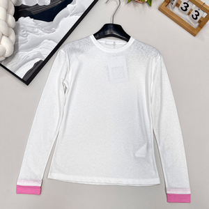 Haut à manches longues et col rond avec poignets contrastants, t-shirt basique ajusté pour un usage quotidien décontracté - Product Image 3