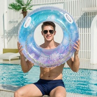 Bouée de bain gonflable pliable bleue à paillettes pour adultes, flotteur de piscine en PVC transparent, cercle de natation d'été pour la plage avec sequins