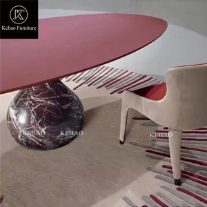 Table de <span class=keywords><strong>Salle</strong></span> <span class=keywords><strong>à</strong></span> <span class=keywords><strong>Manger</strong></span> Ronde <span class=keywords><strong>Roche</strong></span> <span class=keywords><strong>Bobois</strong></span> Haut de Gamme Rouge de Luxe, Base en Marbre Naturel Aqua, Plateau en Bois, Style Villa Italienne - Product Image 4
