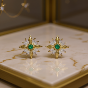 Pendientes de Flor Dorada con Esmeralda en Oro Sólido de 18K, Diamantes de Corte Baguette con Engaste de Garra, Clásicos para Uso Diario de Mujer - Product Image 2