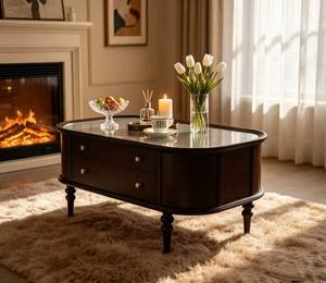 Vintage Dark Wood Coffee <b>Table</b> with Reeded Glass Top & <b>Drawers</b> Farmhouse Living Room Storage <b>Table</b> - Product Image 2