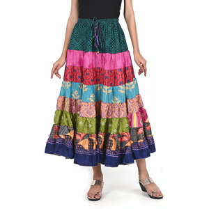 Falda larga Bohemia colorida con gradas para mujer, en la cintura con cordón estilo informal, faldas largas de retales Sari recicladas - Product Image 1