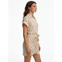 Robe chemise en coton rayée beige pour femme, décontractée, à manches courtes, boutonnée, mini-robe printemps-été