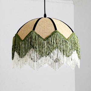 Lampe suspendue vintage française en lin vert avec pompons, LED blanc chaud, intensité réglable, faisceau à 360°, pour chambre, salon, salle à manger - Product Image 4