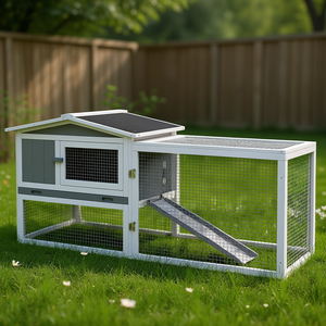 Cage à lapins d'extérieur gris clair à 2 niveaux avec enclos amovible et plateau coulissant pour petits animaux Modèle D0100X3XQA6 - Product Image 2