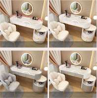 Coiffeuse de luxe ronde en pin massif avec miroir LED, grand coffre de rangement, station de maquillage moderne pour chambre à coucher