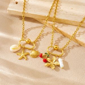 Gold Plated Cherry And Marine Life Pendant Necklace With Starfish Seashell Flower Charm For Party Fashion Jewelry - Product Image 1