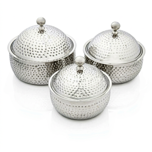 Stainless Steel Hot <b>Pot</b> Handmade Decorative <b>Set</b> of 3 Insulated Hot <b>Pot</b> Hammered Design Insulated Casseroles Hot <b>Pot</b> <b>Set</b> - Product Image 1