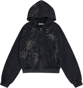 OEM Manufacturer Vintage Distressed Acid Washed Hoodie <b>Rhinestone</b> Star Graphic Hooded <b>Jacket</b> Men's Heavy Cotton Zip up Hoodie - Product Image 3