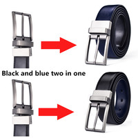 Sabuk Kulit Pria 3.2CM Biru dan Hitam, Sabuk Kulit Asli Bolak-Balik untuk Pria dengan Gesper Putar