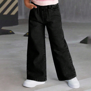 Jeans classiques minimalistes pour petites filles, coupe large, délavés, style vintage, pour toutes les saisons, bas de tenue en denim pour enfants, personnalisables - Product Image 1