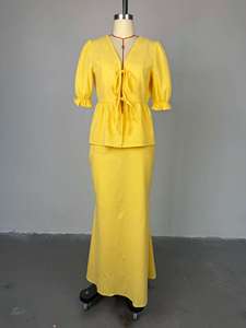 Women's Summer New <b>Bubble</b> Sleeve V-neck Tie <b>Tops</b> High Waisted Skirt 2 Piece Set Fashion - Product Image 3