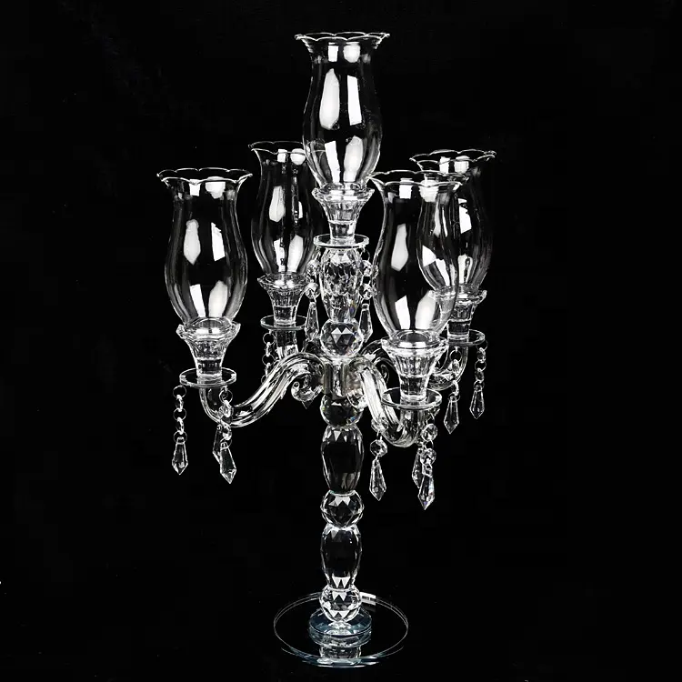 Wholesale crystal ball candelabra 5 arms clear cheap glass candle holders for wedding centerpieces decoration with lamp-chimney