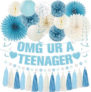 Décorations pour le 13e <span class=keywords><strong>anniversaire</strong></span>, bleu clair pailleté OMG Tu es une adolescente |   Bannière Joyeux <span class=keywords><strong>13</strong></span>ème <span class=keywords><strong>Anniversaire</strong></span>, Éventails en Papier, Pompons pour Garçons et Filles - Product Image 1