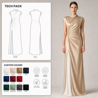 Robe de soirée formelle pour femme en satin champagne, avec col drapé à écharpe, manches courtes, taille cintrée effet soleil, fente haute, longueur ras du sol, vente en gros