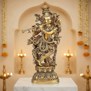 Figurine de Krishna en laiton plaqué or, objet religieux, sculpture d'art, objet de collection, décoration - Product Image 3