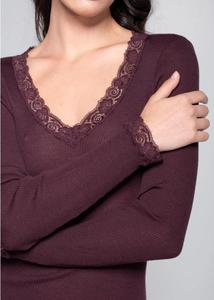 Custom Logo <strong>Design</strong> Women Slim Fit Lace V-neck Wool and Silk Long Sleeves <strong>Shirt</strong> with <strong>Leavers</strong> Lace - Product Image 3
