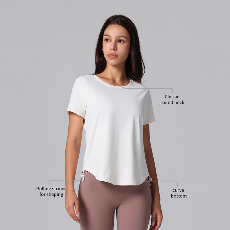 Summer Loose Fitness Short Sleeve Yoga Top Drawstring at Side Breathable Quick Dry Casual Gym Workout T-Shirts for Ladies